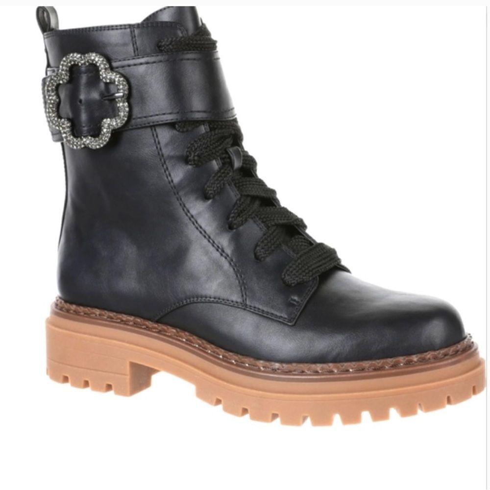 Sam & Libby Crystal Flower Strap Black Moto/Combat Boots -- 9.5‎